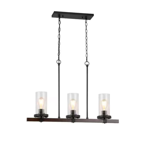 Ceybo Linear 3-Light Island Pendant Light, Dark Bronze Metal Fixture with Clear Seeded Glass, Adjustable Height, Dimmable