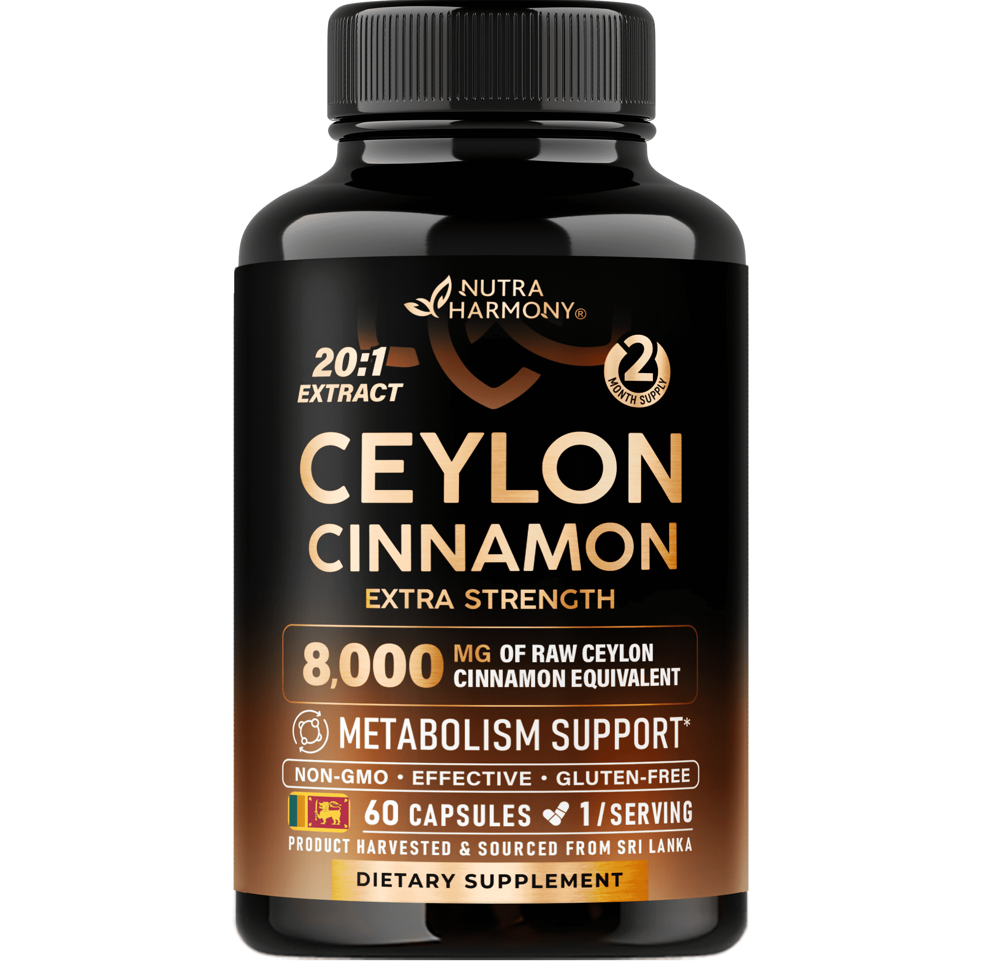 Ceylon Cinnamon Capsules - Extra Strength - Energy Heart & Metabolism Support for Men & Women - Pure Natural Cinnamon 20:1 Extract Supplement - GMO & Gluten Free - Made in USA - 60 Capsules 2 Month