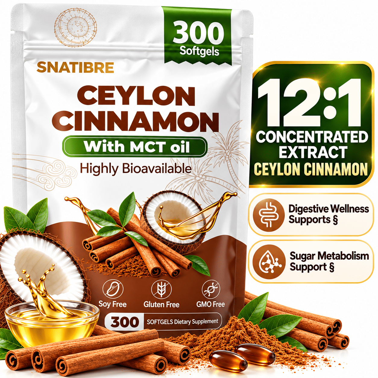 Ceylon Cinnamon Extract Softgels with Coconut-Derived MCT Oil, 12:1 ...