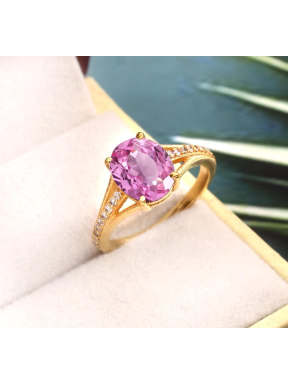 Ceylon Pink Sapphire Ring: Oval Gemstone, Sterling Silver, CZ Accents