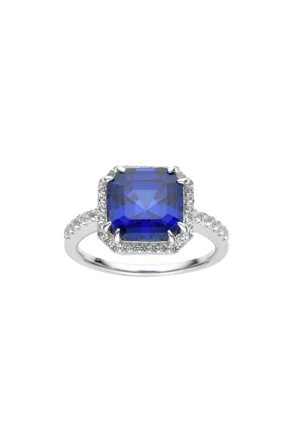 Ceylon Sapphire Asscher Cut Halo Ring