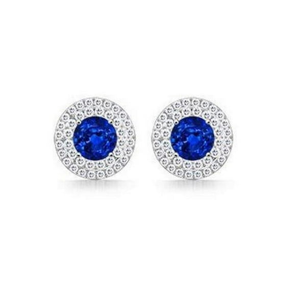 Ceylon Sapphire & Diamonds 4 CT Stud Earring, 14K White Gold