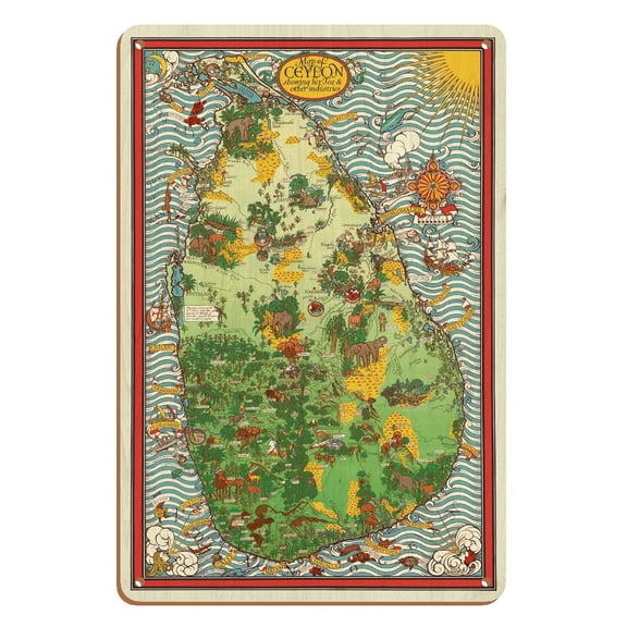 Ceylon (Sri Lanka) - Tea Propaganda Board - Vintage Pictorial Map by MacDonald (Max) Gill c.1933 - 8 x 12 inch Vintage Wood Art Sign