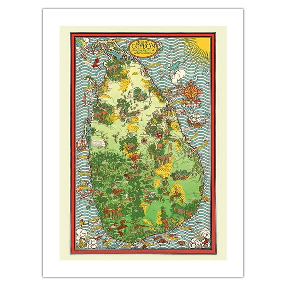 Ceylon (Sri Lanka) - Tea Propaganda Board - Vintage Pictorial Map by MacDonald (Max) Gill c.1933 - Bamboo Fine Art 290gsm Paper (Unframed) 12x16in
