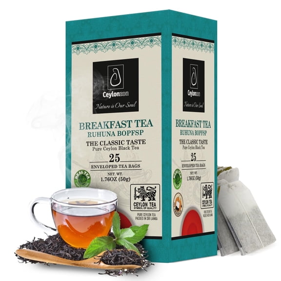 Ceylonzon Premium Ceylon Breakfast Black Tea, Classic Taste, Foil-Wrapped Tea Bags, 25 Count, 50g