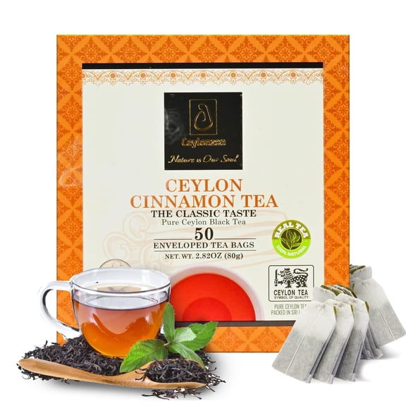Ceylonzon Premium Cinnamon Black Tea, Classic Taste, Foil-Wrapped Tea Bags, 50 Count, 80g