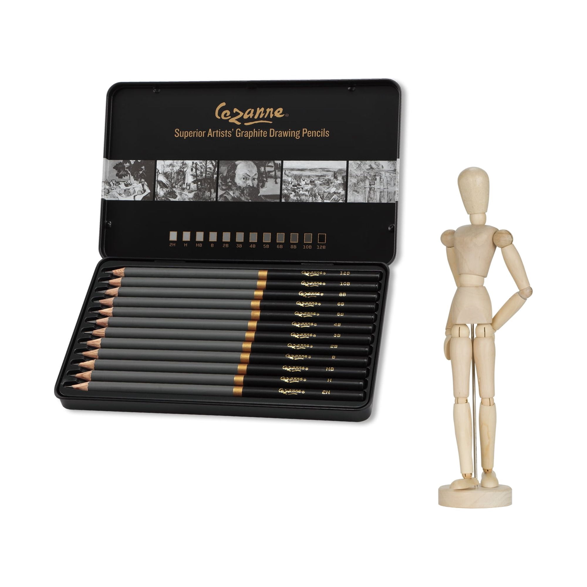 Cezanne Graphite Art Pencil Set w/ 8" Posing Manikin 13 Piece Set  – Professional Quality for Sketching and Drawing Break Resistant Leads Triple Coated Barrel (H HB B 2B 3B 4B 5B 6B 8B 10B 12B)
