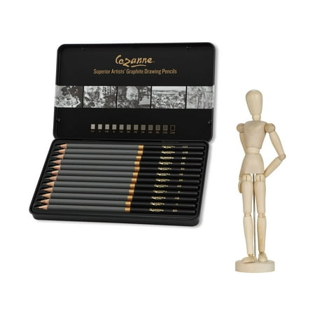 Cezanne Graphite Art Pencil Set w/ 8" Posing Manikin 13 Piece Set – Professional Quality for Sketching and Drawing Break Resistant Leads Triple Coated Barrel (H HB B 2B 3B 4B 5B 6B 8B 10B 12B)