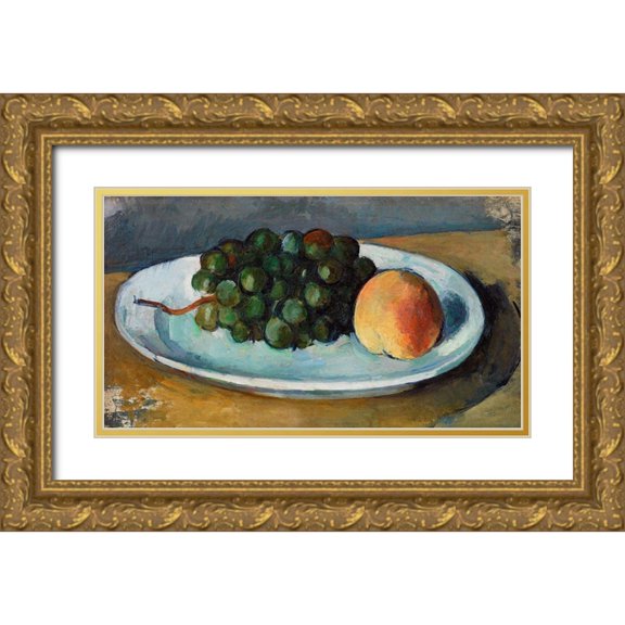 Cezanne, Paul 24x15 Gold Ornate Wood Framed with Double Matting Museum Art Print Titled - Grapes and Peach on a Plate 