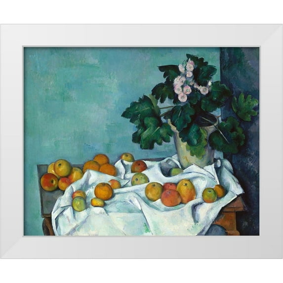 Cezanne, Paul 32x26 White Modern Wood Framed Museum Art Print Titled - Still Life with Apples and a Pot of Primroses