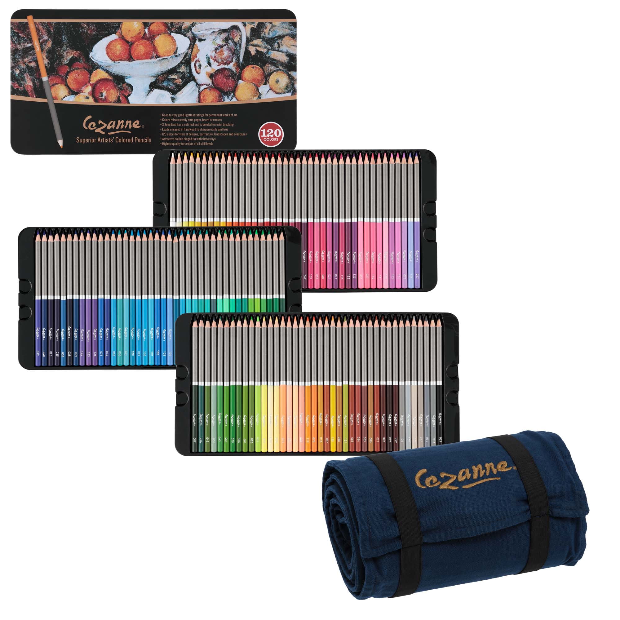 Cezanne Set of 120 Professional Colored Pencils with Canvas Roll-Up Case - Premium, High Pigment Colored Pencils, 3.3mm Diameter Lead and Storage Case with Zipper Pouch - Can Hold up to 120 Pencils