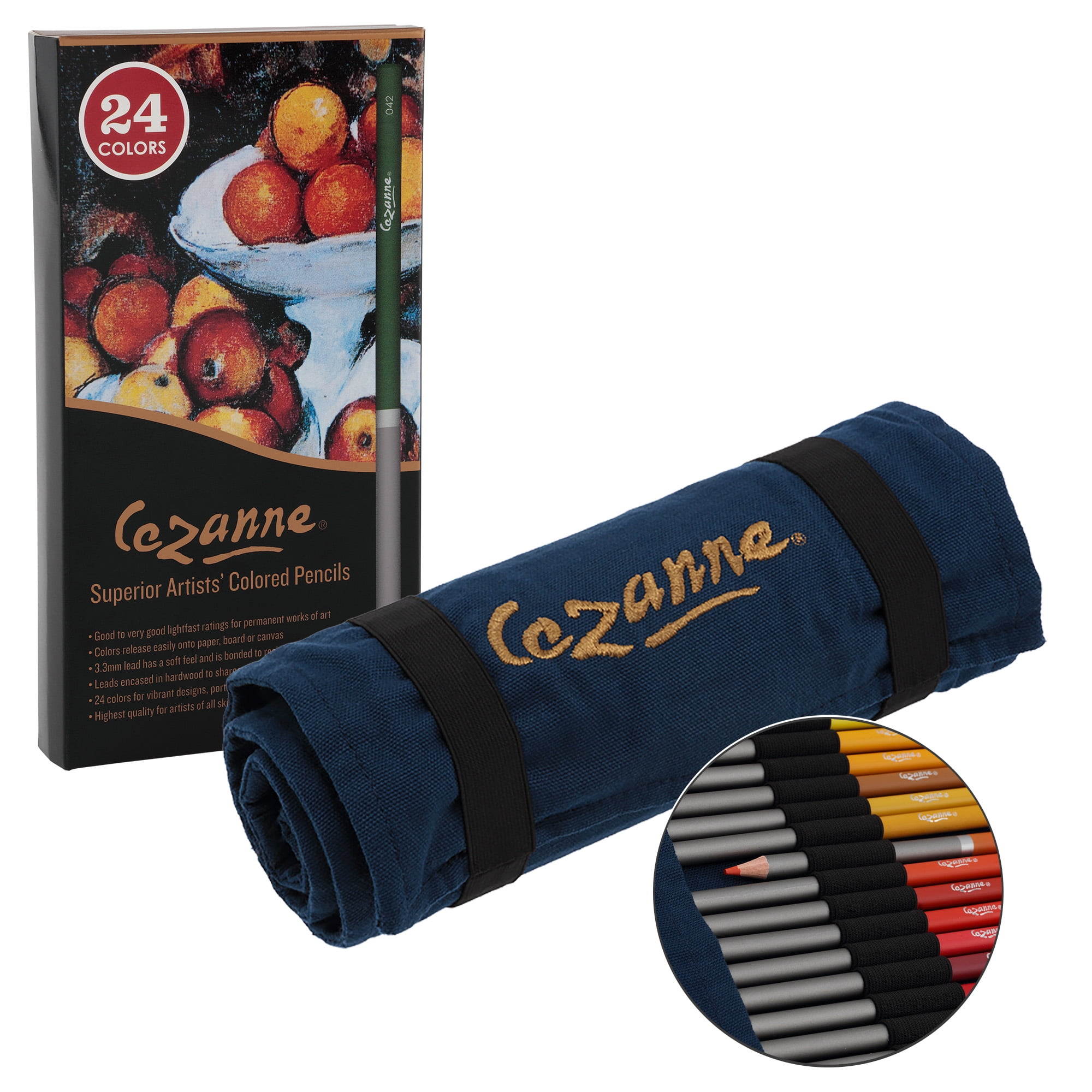 Cezanne Set of 24 Professional Colored Pencils with Canvas Roll-Up Case - Premium, High Pigment Colored Pencils, 3.3mm Diameter Lead and Storage Case with Zipper Pouch - Can Hold up to 48 Pencils