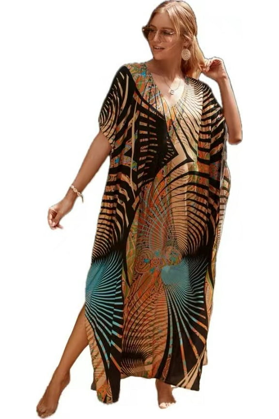Caftans for Women Plus size Black Card Print Kaftan Robe Swimsuit Cover up Beach Maxi Loungewear