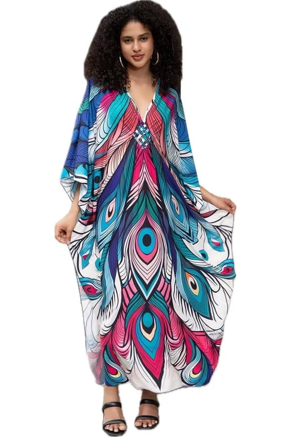 Caftans for Women Plus size Blue Rose Red Feather Print Kaftan Dresses Swimsuit Cover up Beach Maxi Loungewear
