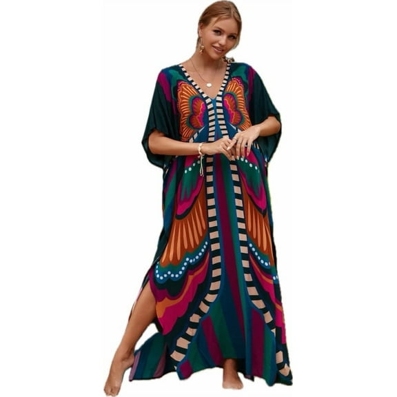 Cfcsrp Caftans for Women Plus size Butterfly Print Kaftan Robe Swimsuit Cover up Beach Maxi Loungewear