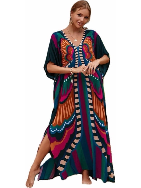 Caftans for Women Plus size Butterfly Print Kaftan Robe Swimsuit Cover up Beach Maxi Loungewear