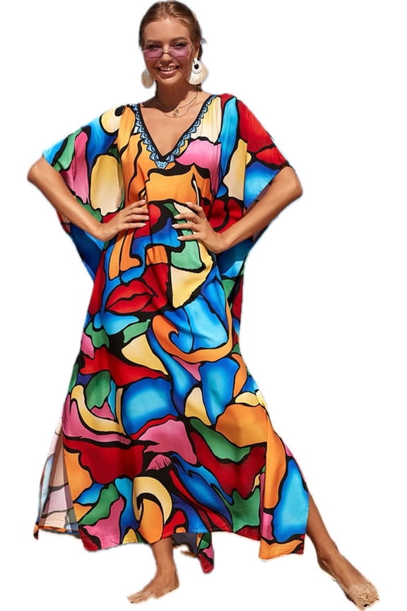 Caftans for Women Plus size Colorful Platter Print Kaftan Robe Swimsuit Cover up Beach Maxi Loungewear