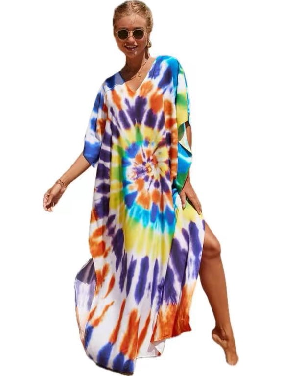 Caftans for Women Plus size Colorful Vortex Print Kaftan Robe Swimsuit Cover up Beach Maxi Loungewear