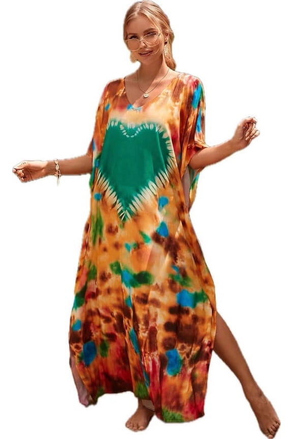 Caftans for Women Plus size Green Love Print Kaftan Robe Swimsuit Cover up Beach Maxi Loungewear