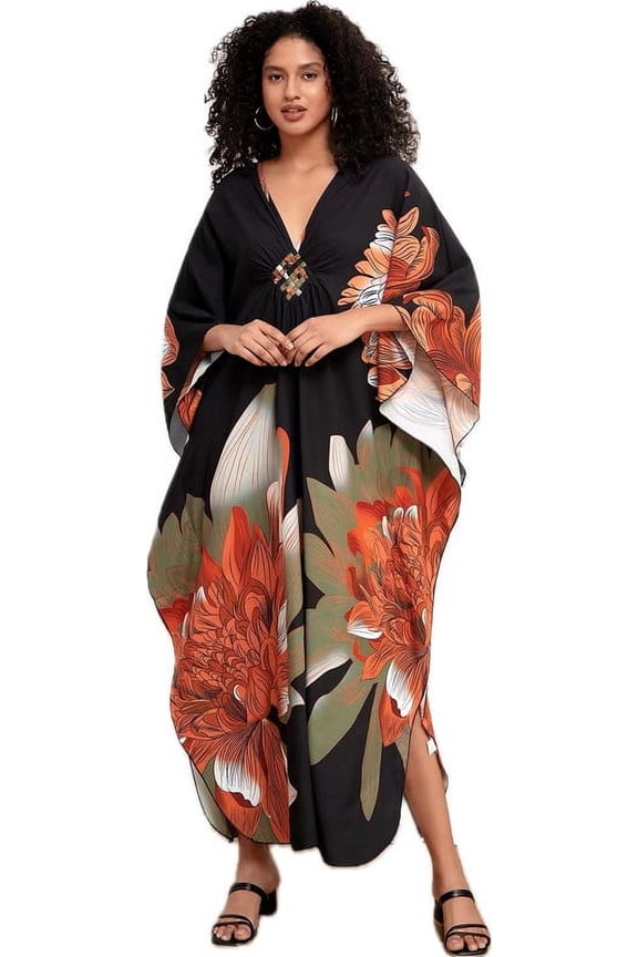 Caftans for Women Plus size Orange Green Mudan Print Kaftan Dresses Swimsuit Cover up Beach Maxi Loungewear
