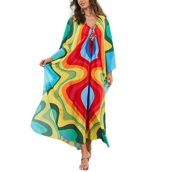 Cfcsrp Caftans for Women Plus size wave Print Caftan Swimsuit Cover up Beach Dress Maxi Loungewear
