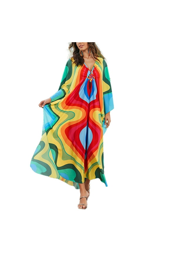 Caftans for Women Plus size wave Print Caftan Swimsuit Cover up Beach Dress Maxi Loungewear