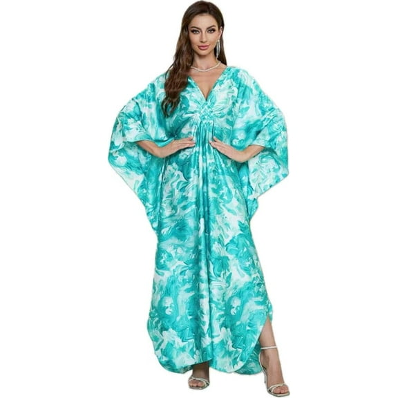 Cfcsrp Caftans for Women Plus size Orange Green Mudan Print Kaftan Dresses Swimsuit Cover up Beach Maxi Loungewear