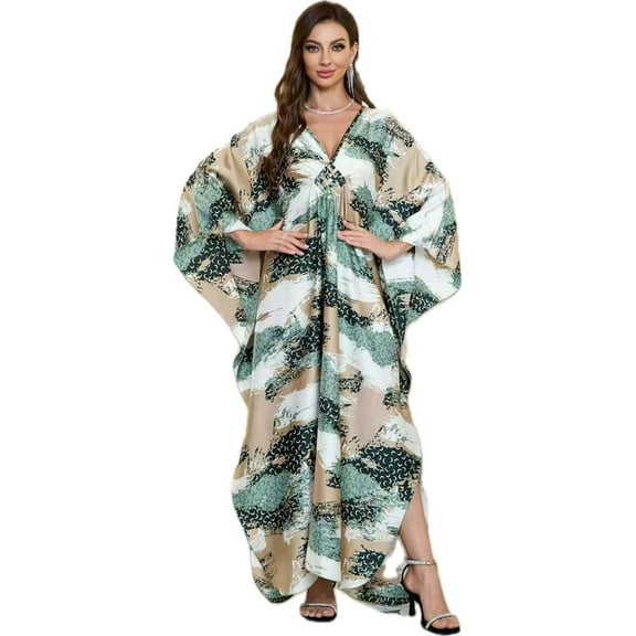 Cfcsrp Caftans for Women Plus size Orange Green Mudan Print Kaftan Dresses Swimsuit Cover up Beach Maxi Loungewear