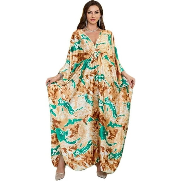 Cfcsrp Caftans for Women Plus size Orange Green Mudan Print Kaftan Dresses Swimsuit Cover up Beach Maxi Loungewear