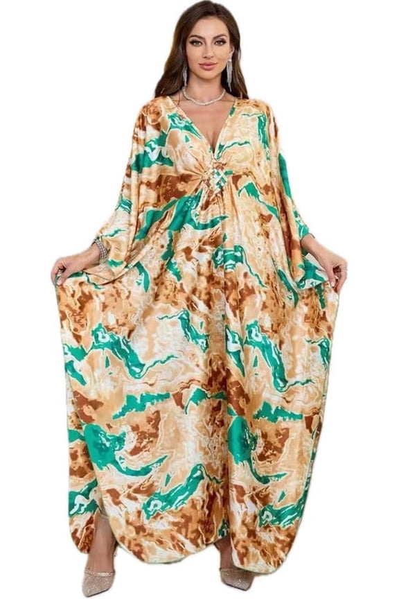 Caftans for Women Plus size Orange Green Mudan Print Kaftan Dresses Swimsuit Cover up Beach Maxi Loungewear