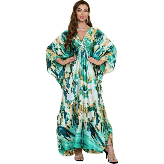 Cfcsrp Caftans for Women Plus size Orange Green Mudan Print Kaftan Dresses Swimsuit Cover up Beach Maxi Loungewear