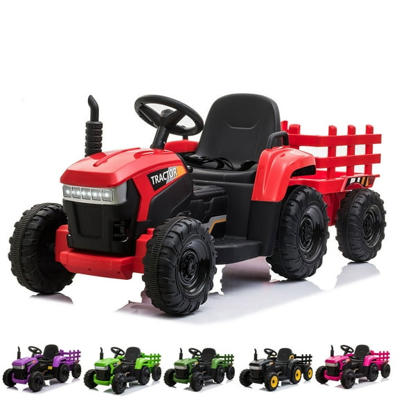 Cfowner 12V Battery-Powered Toy Tractor with Trailer and 35W Dual Motors, 3-Gear-Shift Ground Loader Ride On with LED Lights and USB & Bluetooth Audio Functions