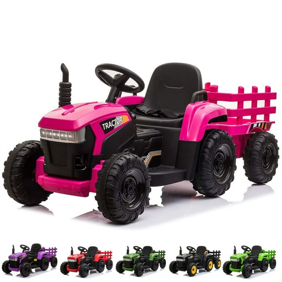 Cfowner 12V Battery-Powered Toy Tractor with Trailer and 35W Dual Motors, 3-Gear-Shift Ground Loader Ride On with LED Lights and USB & Bluetooth Audio Functions