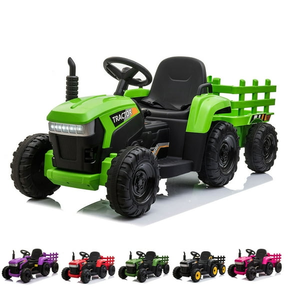Cfowner 12V Battery-Powered Toy Tractor with Trailer and 35W Dual Motors, 3-Gear-Shift Ground Loader Ride On with LED Lights and USB & Bluetooth Audio Functions