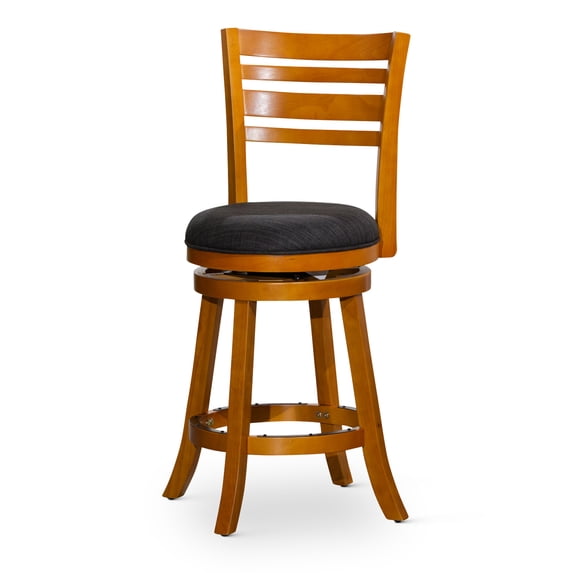 Cfowner 24" Counter Height Slat Back Swivel Stool, Natural Finish, Charcoal Fabric Seat