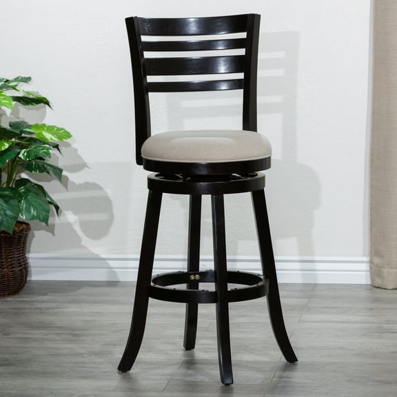 Cfowner 30" Bar Height Slat Back Swivel Stool, Espresso Finish, Beige Fabric Seat