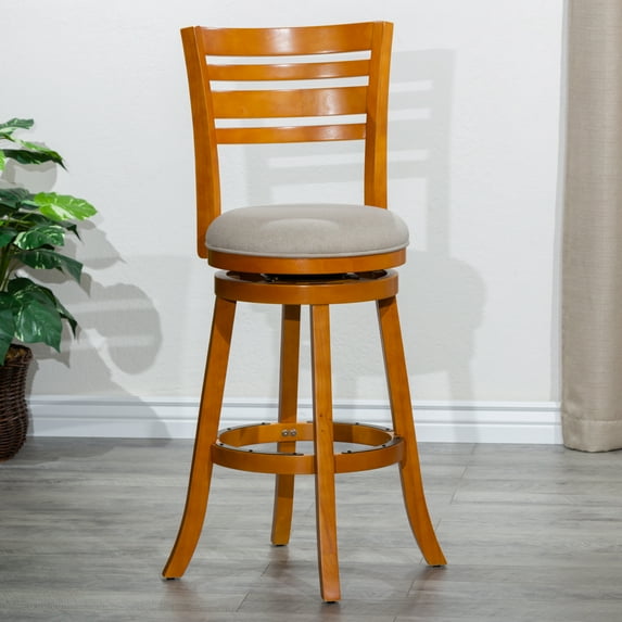 Cfowner 30" Bar Height Slat Back Swivel Stool, Natural Finish, Beige Fabric Seat