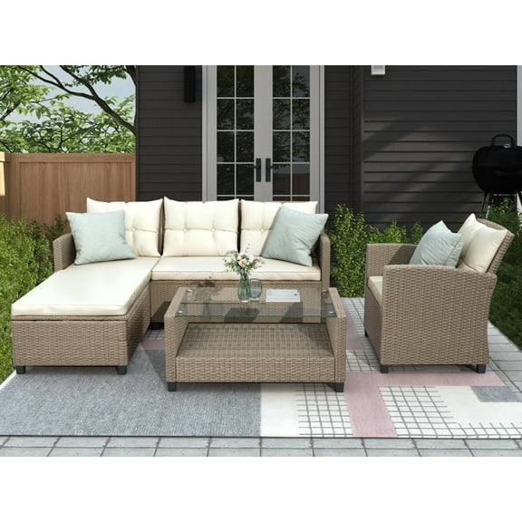 Cfowner 4 Pieces Patio Furniture Set Outdoor Sectional Sofa Outdoor Furniture Set Patio Sofa Set Conversation Set with Cushion and Table