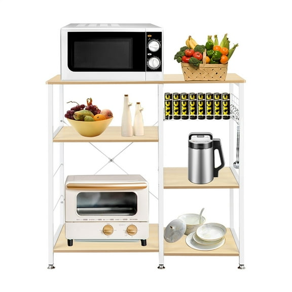 Cfowner 4-Tier Microwave Bar Cart Kitchen Baker's Rack, Utility Oven Stand Shelf, Free Standing Organizer Shelf w/Basket/Hooks/Storage Shelf for Spices/Utensils Foods