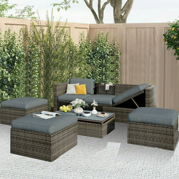 Cfowner 5 Pieces Outdoor Sectional Sofa Patio Furniture Sets Manual Weaving Wicker Rattan Patio Conversation Sets with Cushion and Coffee Table