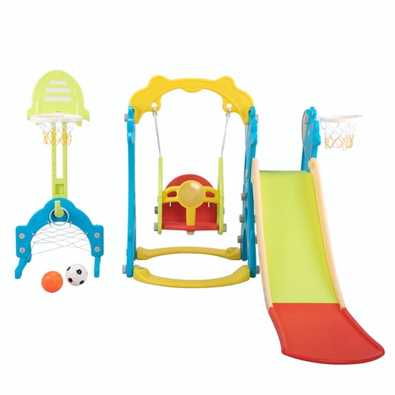 Cfowner 5 in 1 Toddler Slide and Swing Play-Set Baby’s Activity Center w/ Basketball & Rim, Football & Goalmouth, Ringtoss Kit, Indoor & Outdoor Use