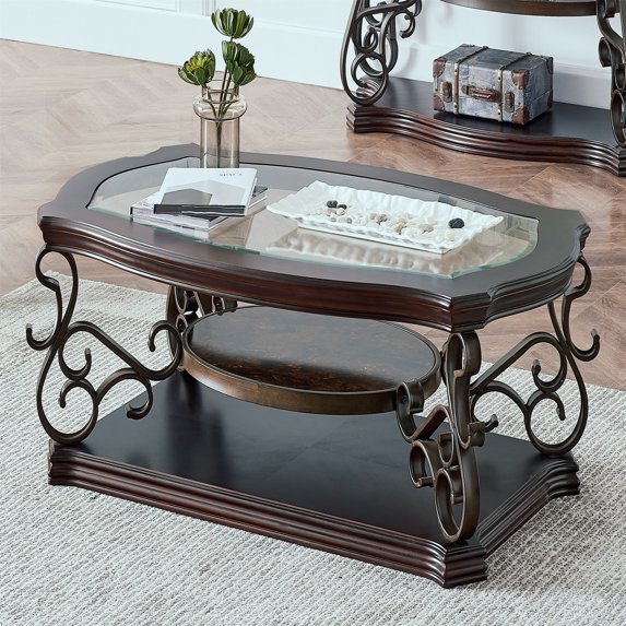 Cfowner 52" x 32" x 20.3" Cocktail Table, Coffee Table W/Marble Paper Middle Shelf, Metal Legs, Glass Table Top
