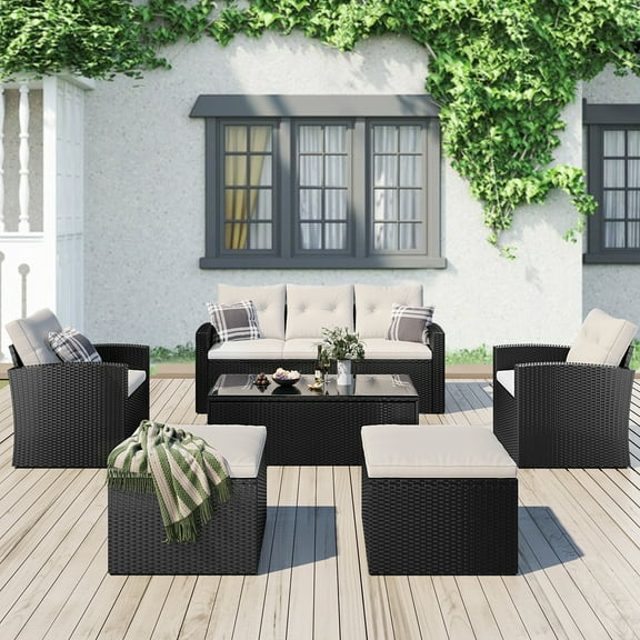 Cfowner 6 Pieces Patio Outdoor Furniture Sets, Low Back All-Weather Rattan Sectional Sofa Manual Weaving Wicker Conversation Set with Coffee Table and Washable Couch Cushions