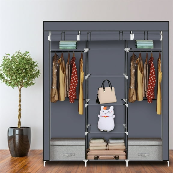 Cfowner 69"Portable Clothes Wardrobe, Non-Woven Fabric Wardrobe Double Rod Storage Organizer Gray
