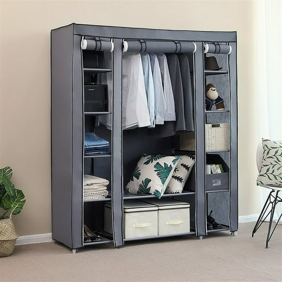Cfowner 69"Portable Gray Clothes Wardrobe, Non-Woven Fabric Wardrobe Double Rod Storage Organizer