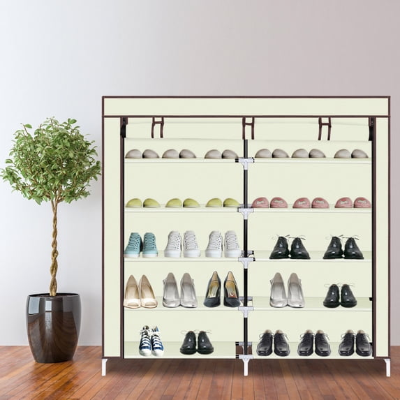 Cfowner 7 Tiers Portable Shoe Rack Closet Fabric Cover Shoe Storage Organizer Cabinet Beige