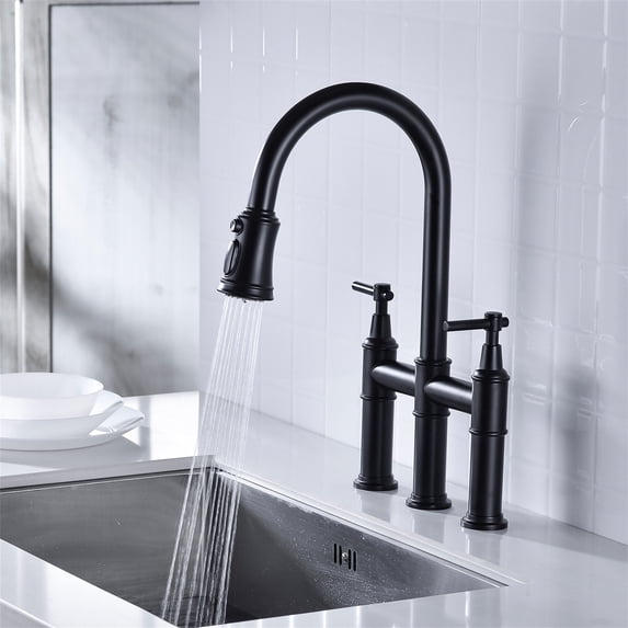 Cfowner Bridge Kitchen Faucet with Pull-Down Sprayhead, Commercial Faucet with Water Line, Matte Black