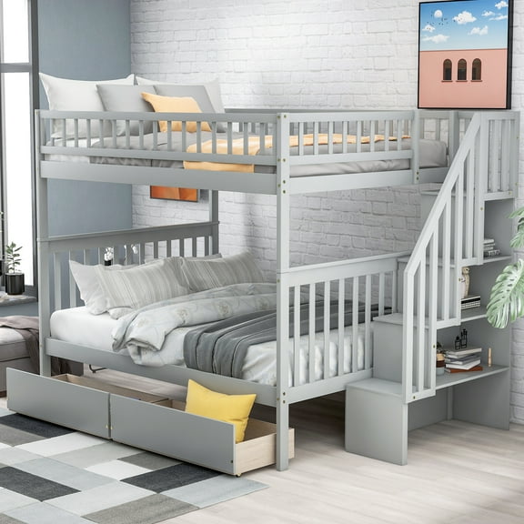 Cfowner Full Over Full Bunk Bed with Two Drawers and Storage, Wood Bed Frame for Dormitory Bedroom, No Box Spring Needed