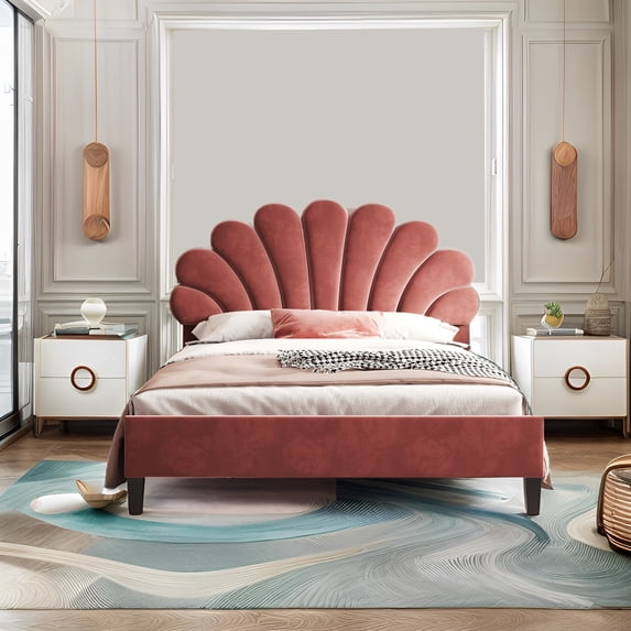 Cfowner Full Size Upholstered Platform Bed Frame with Flower Pattern Velvet Headboard, Bean Paste Red
