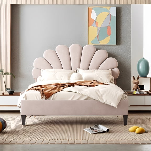 Cfowner Full Size Upholstered Platform Bed Frame with Flower Pattern Velvet Headboard, Beige